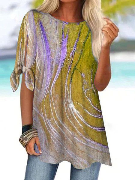 

Crew Neck Random Print Casual Shirt, Yellow, Shirts & Blouses