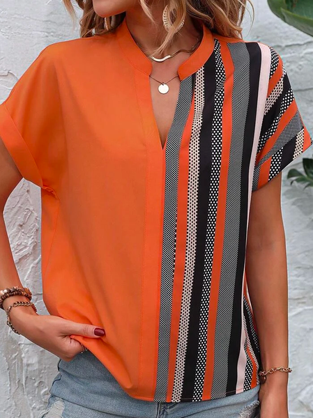 

V Neck Elegant Geometric Shirt, Orange, Shirts & Blouses