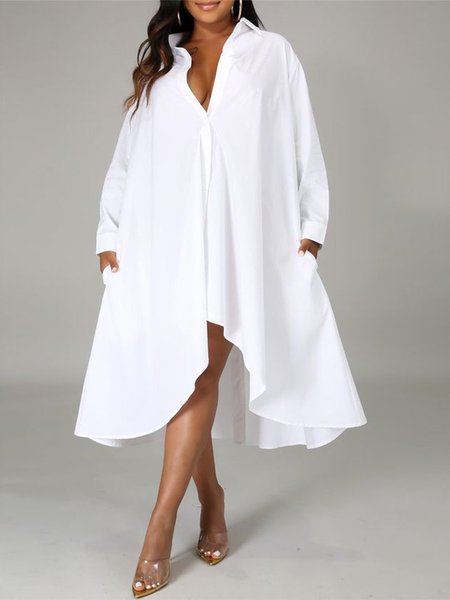 

Shirt Collar Elegant Plain Regular Fit Dress, White, Midi Dresses