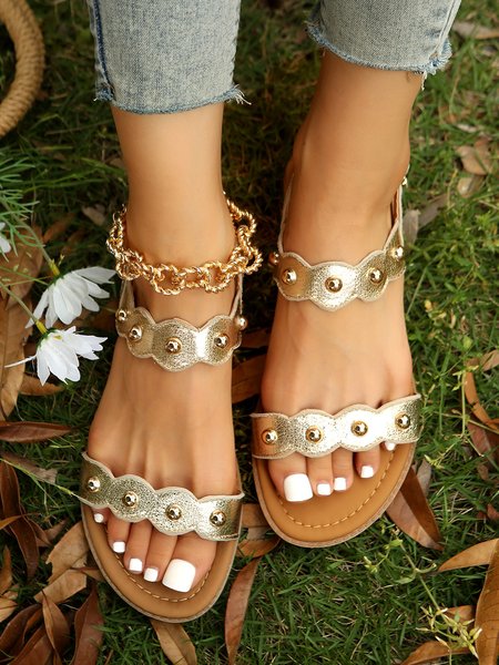 

Gold Stripe Studs Beach Sandals, Golden, Sandals