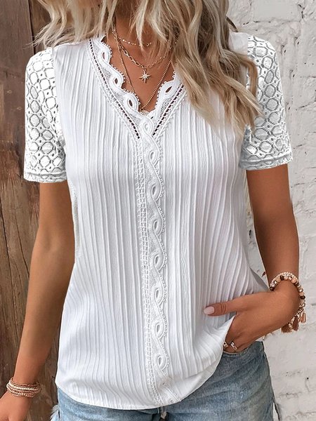 

V Neck Plain Patchwork Lace Elegant Blouses, White, Tees & T-shirts
