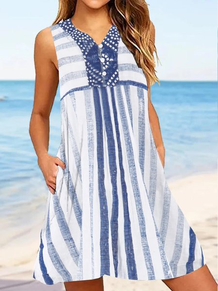 

Striped Casual Loose V Neck Dress, Blue, Dresses