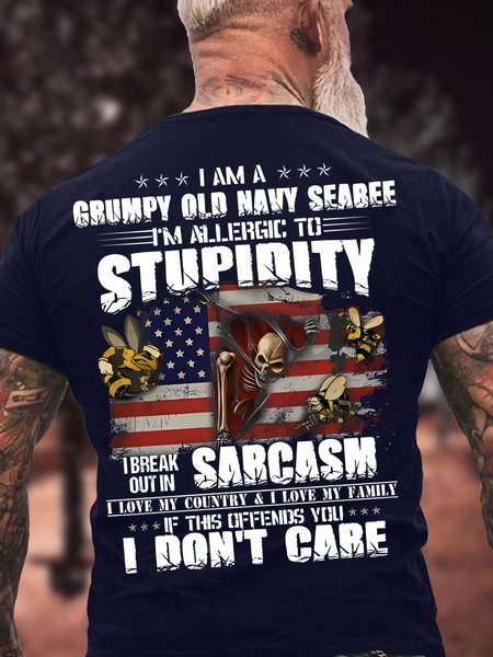

Men's Funny I Am A Grumpy Old Navy Seabee I Am Allergic To Stupidity I Break Out In Sarcasm Graphic Printing 4th Of July Cotton Crew Neck Casual America Flag T-Shirt, Purplish blue, T-shirts