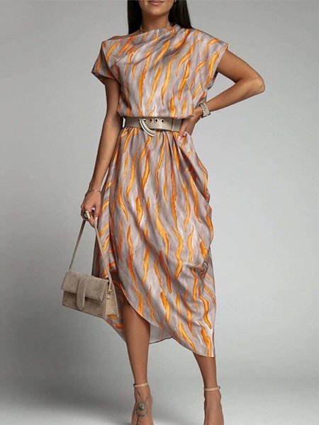 

One Shoulder Regular Fit Abstract Urban Midi Dress With No Belt, As picture, Midi Dresses