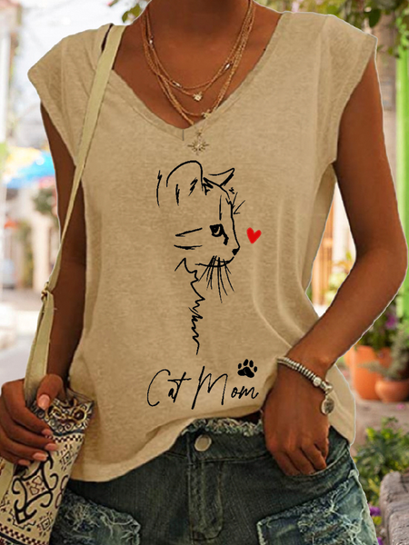 

Women's Cute Meow Cat Lover Simple Regular Fit Tank Top, Khaki, Tank Tops