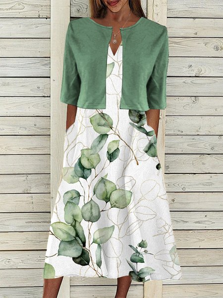 

Leaf Regular Fit V Neck Casual Two-Piece Set, Green, Suit Set