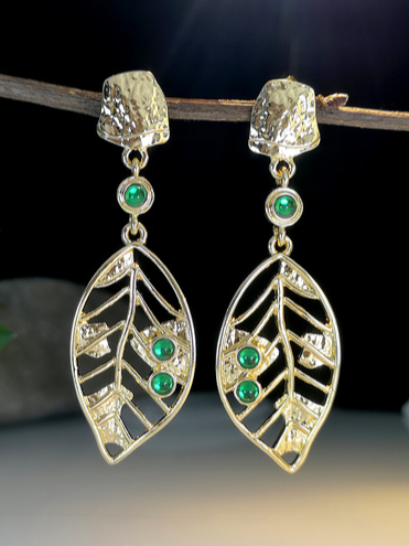 Elegant Green Crystal Leaf Earrings Vacation Casual Women's Jewelry, Golden, Earrings