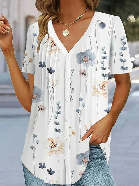 

Loose Casual Floral V Neck Blouse, White, Shirts & Blouses