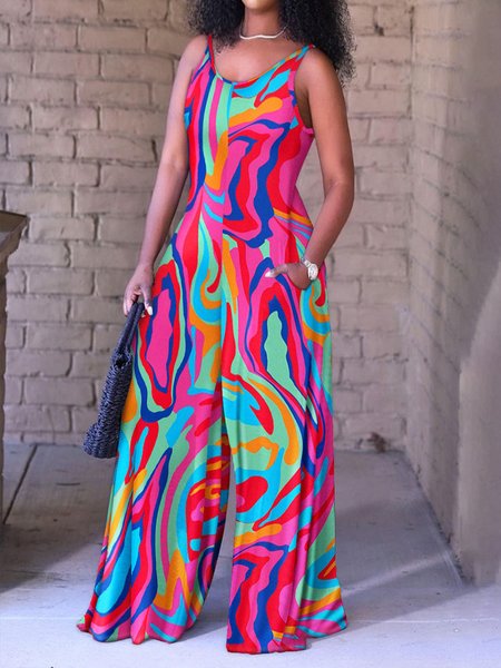 

Abstract V Neck Urban Regular Fit Jumpsuit, Rose red, Jumpsuits