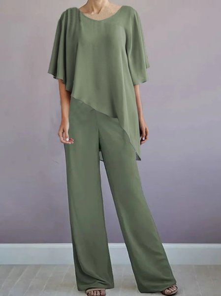 

V Neck Loose Elegant Plain Two-Piece Set, Deep green, Suit Set