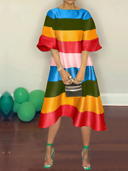

Loose Crew Neck Striped Short sleeve Urban Midi Dress, As picture, Midi Dresses