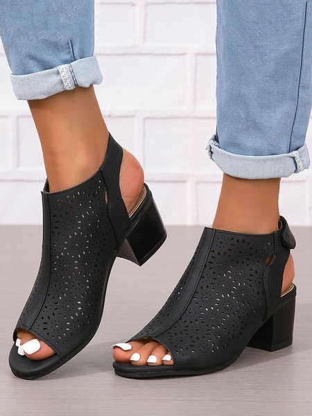 

Vintage Hollow out Peep-Toe Chunky Heel Sandals, Black, Sandals