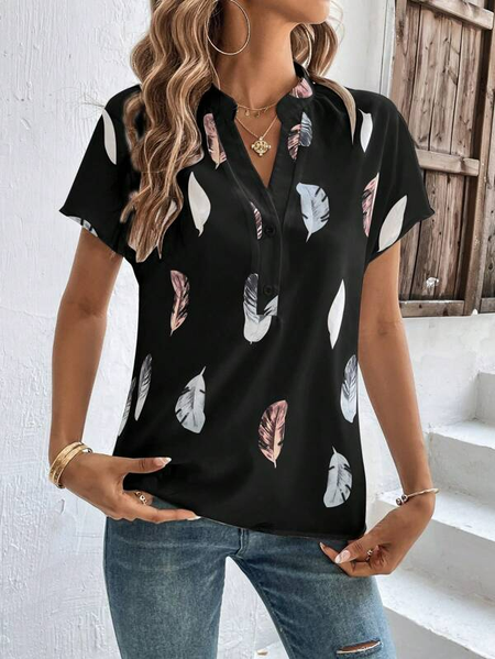 

Casual Feather Pattern Loose Blouse, Black, Shirts & Blouses