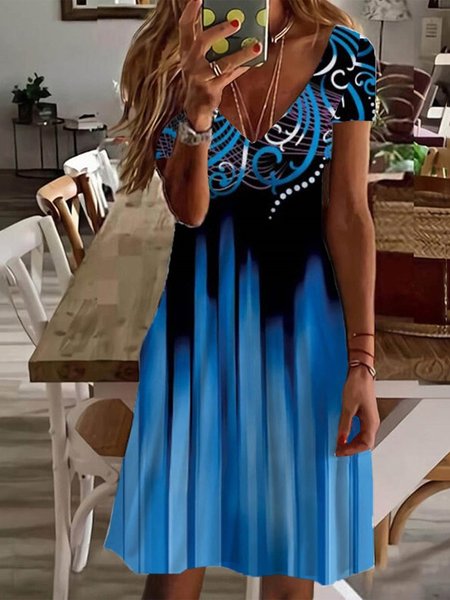 

Fit Casual Ethnic V Neck Dress, Black-blue, Dresses