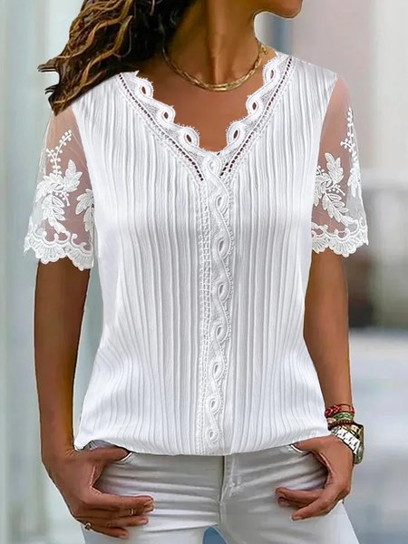 

V Neck Plain Lace Casual Shirt, White, Shirts & Blouses