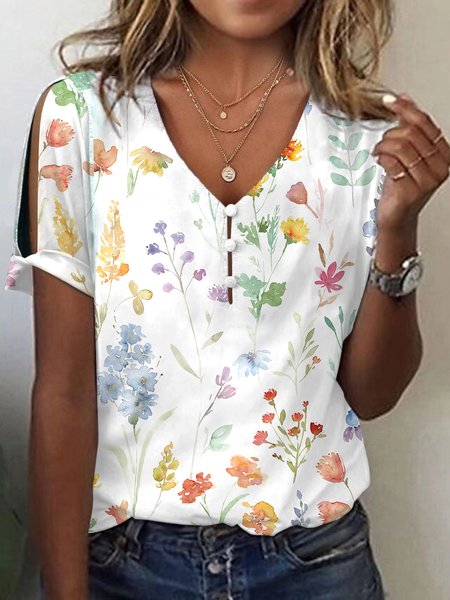 

Casual Buckle Loose Floral T-Shirt, White, T-Shirts