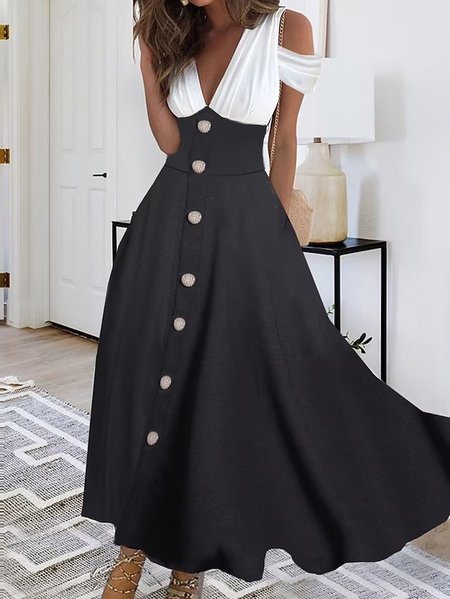 

Loose V Neck Elegant Color Block Dress, Black, Dresses