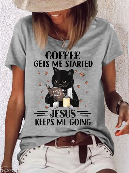 

Women's Coffee Get Me Start Jesus keep Me Going Casual Letters T-Shirt, Gray, T-shirts