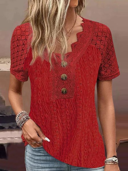 

Elegant Geometric Loose Lace Buttoned T-Shirt, Red, T-Shirts