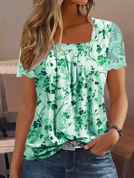 

Casual Lace Square Neck Floral Shirt, Green, Shirts & Blouses
