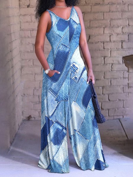 

Daily Regular Fit Urban V Neck Geometric Jumpsuit, Blue, Jumpsuits