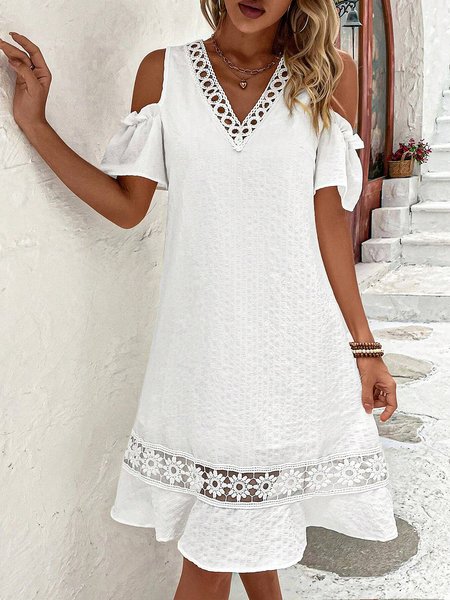 

Womens Elegant V Neck Loose Plain Dresses, White, Dresses