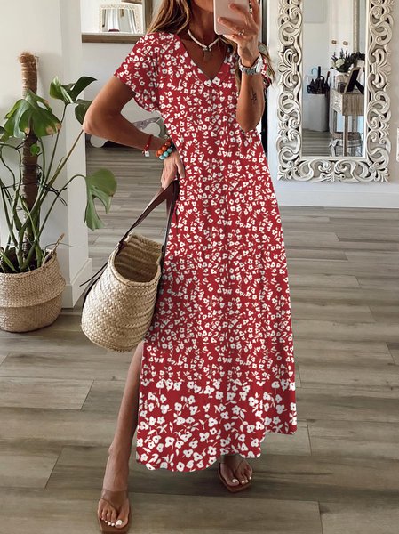 

Floral V Neck Loose Vacation Dress, Red, Dresses