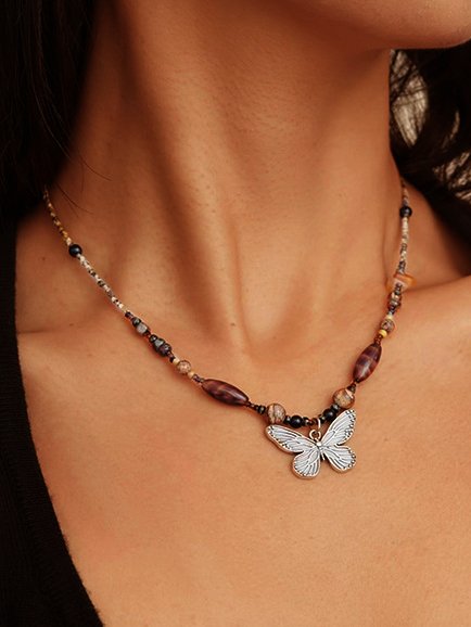 

Casual Natural Stone Beaded Butterfly Pendant Necklace Vintage Women's Accessories, As picture, Necklaces