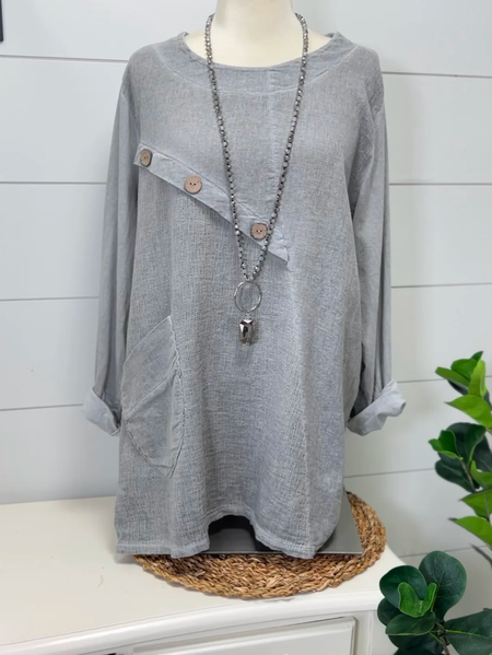 

Buttoned Loose Casual Linen Shirt, Gray, Shirts & Blouses