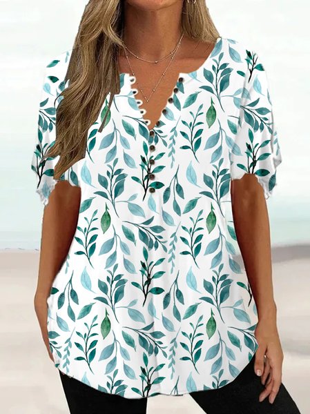 

Leaf Loose Casual V Neck T-Shirt, Green, T-Shirts