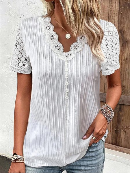 

Loose Casual V Neck Lace Plain Shirt, White, Shirts & Blouses
