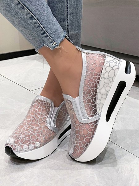 

Abstract Breathable Mesh Hidden Wedge Muffin Slip On Sneakers, Silver, Sneakers