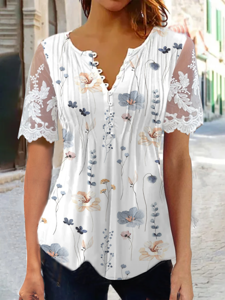 

Casual Lace Floral V Neck T-Shirt, White, T-Shirts