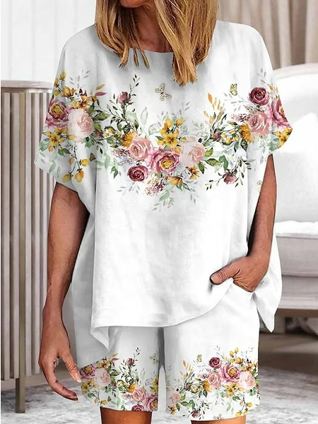 

Floral Crew Neck Loose Casual Two-Piece Set, White, Suit Set