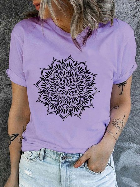 

Women's Mandala Lotus Print Casual Crew Neck T-Shirt, Purple, T-shirts
