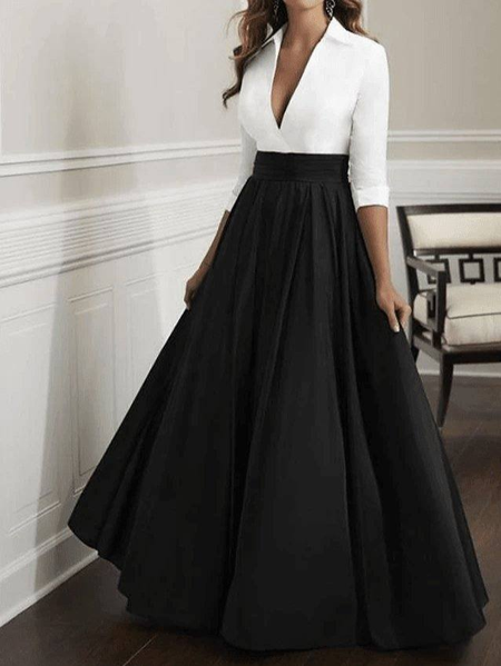 

V Neck Regular Fit Elegant Color Block Wedding Guest Dress, Black, Maxi Dresses