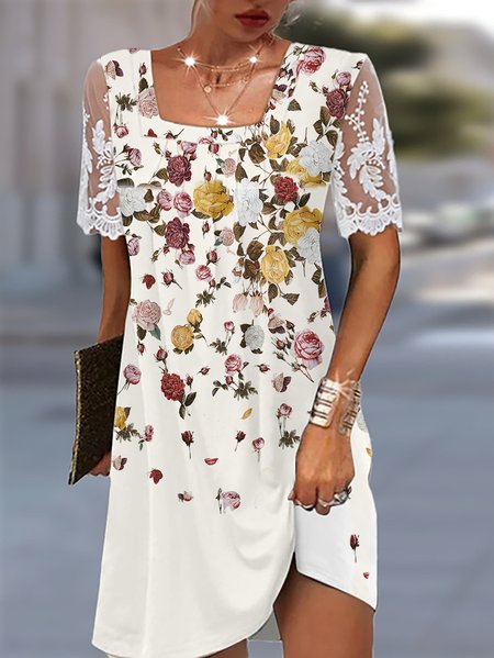 

Country Casual/Pastoral Floral Design Square Neck Knit Dress, Off white, Dresses
