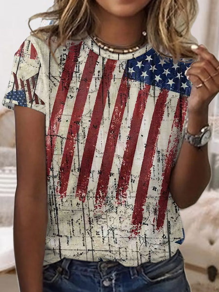 

Women's American Flag Print Casual T-Shirt, Khaki, T-shirts