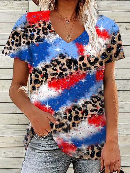 

Women's V Neck Casual Leopard USA flag Print T-Shirt, As picture, T-shirts