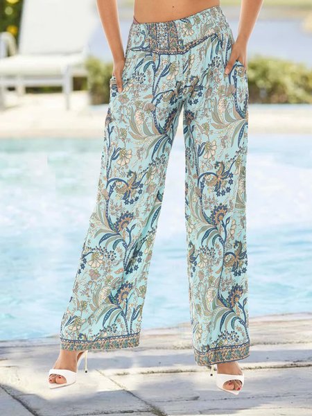 

Loose Floral Casual Wide Leg Pants, Light blue, Pants