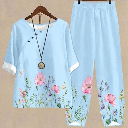 

Womens Floral Casual Two-Piece Set, Blue, Suit Set