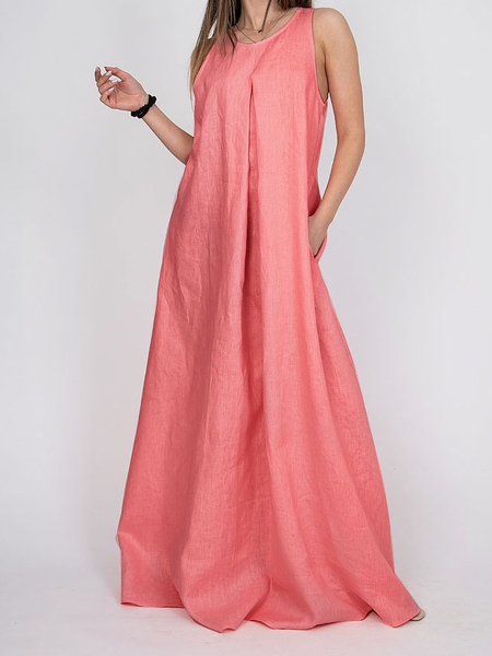 

Crew Neck Loose Sleeveless Urban Plain Maxi Dress With No, Pink, Maxi Dresses