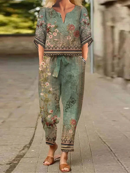 

Loose Ethnic Ethnic Notched Two-Piece Set, Green, Suit Set