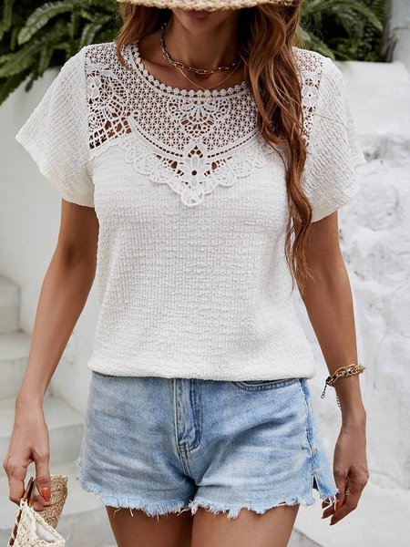 

Casual Crew Neck Plain Loose T-Shirt, White, T-Shirts