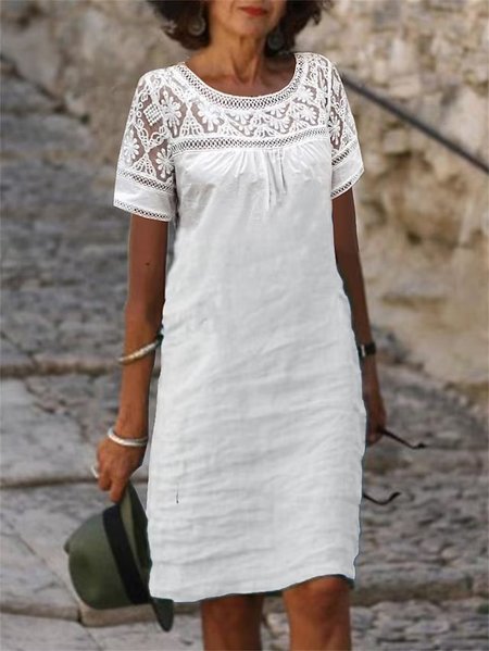 

Plain Linen Lace Crew Neck Loose Dress, White, Dresses