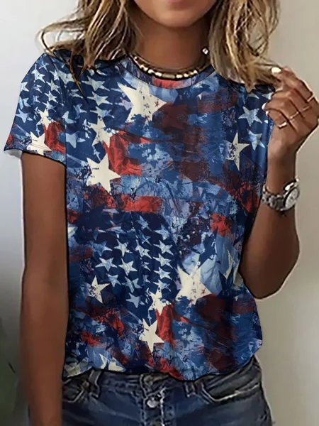 

Women's New Patriotic Tie dye American Flag Print Casual Crew Neck T-Shirt, Blue, T-shirts