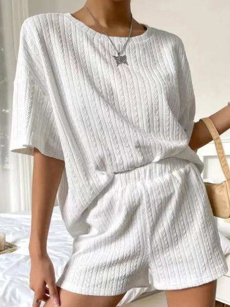 

Casual Crew Neck Loose Plain Two-Piece Set, White, Suit Set