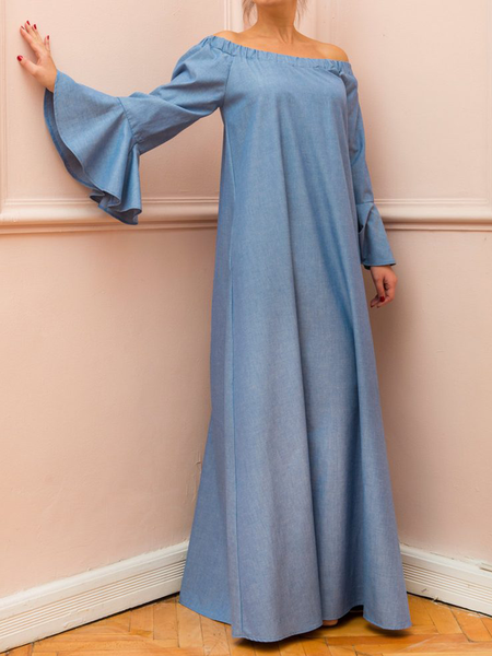 

Cold Shoulder Loose Three Quarter Elegant Plain Faux Denim Maxi Dress, Denim blue, Maxi Dresses