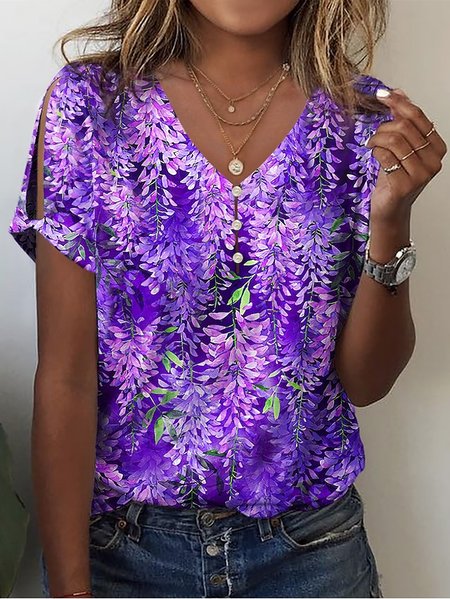 

Casual Floral Print Cut Out Twist Detail Sleeve V Neck T-Shirt, Purple, T-shirts