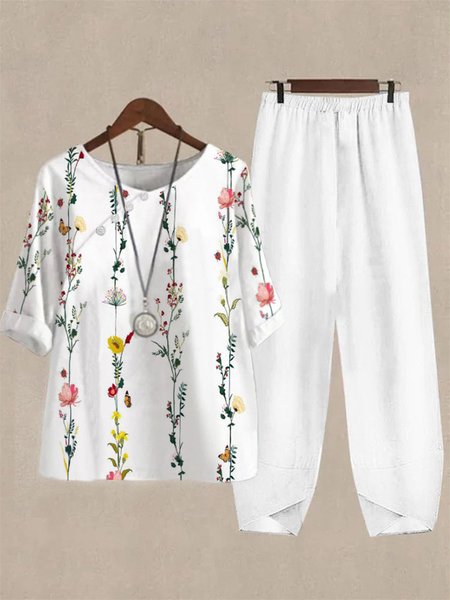 

Casual Floral Crew Neck Loose Two-Piece Set, White, Suit Set